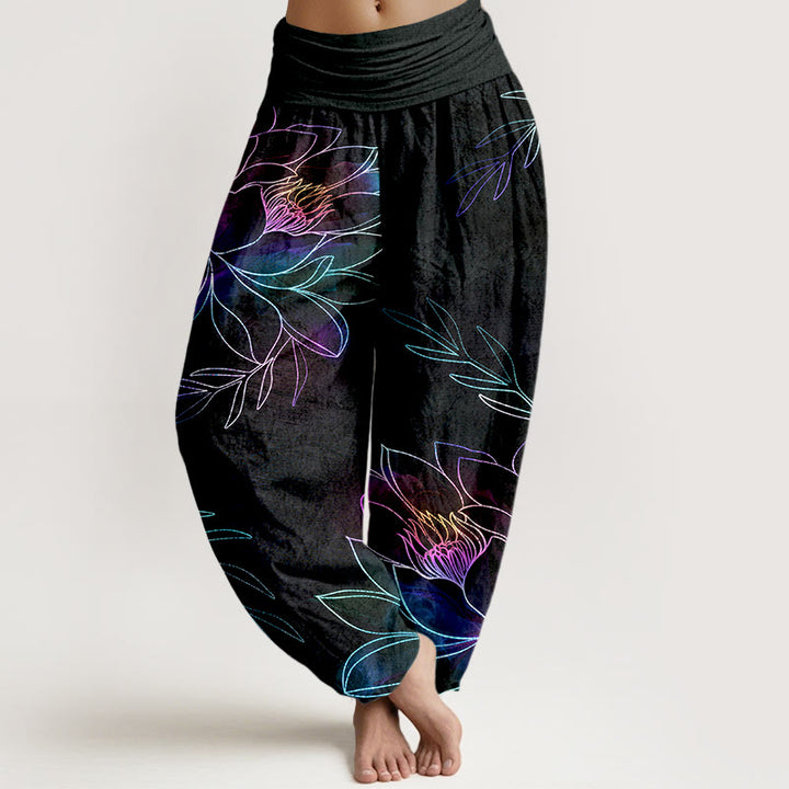 Buddha Stones Baumwoll-Haremshose mit neonfarbenem Lotusblütenmuster und elastischem Bund für Damen - Schwarz - US16, UK/AU20, EU48 (3XL) - image 0