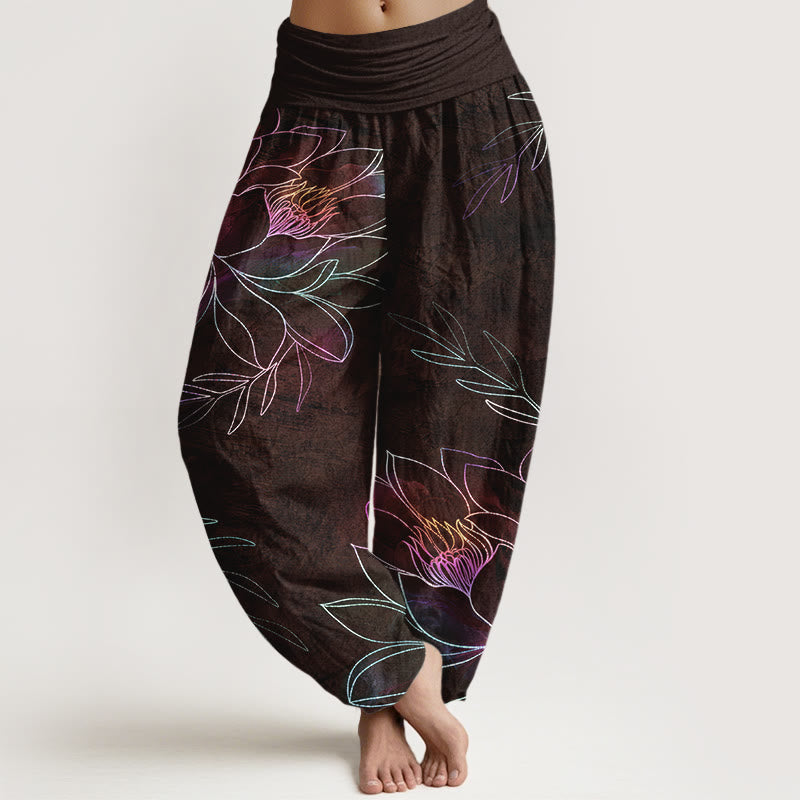 Buddha Stones Baumwoll-Haremshose mit neonfarbenem Lotusblütenmuster und elastischem Bund für Damen - Sattelbraun - US16, UK/AU20, EU48 (3XL) - image 5