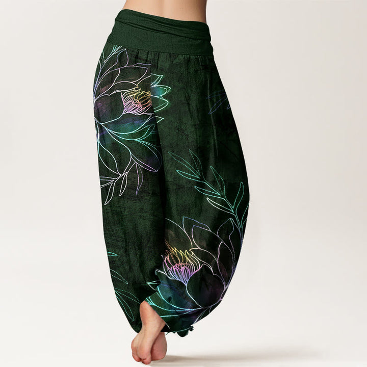 Buddha Stones Baumwoll-Haremshose mit neonfarbenem Lotusblütenmuster und elastischem Bund für Damen - image 10