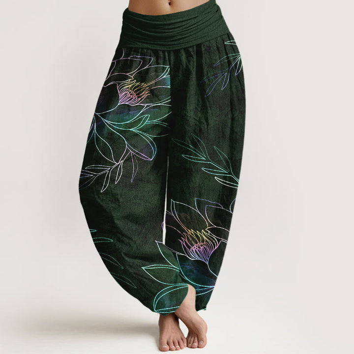 Buddha Stones Baumwoll-Haremshose mit neonfarbenem Lotusblütenmuster und elastischem Bund für Damen - Dunkelgrün - US16, UK/AU20, EU48 (3XL) - image 8