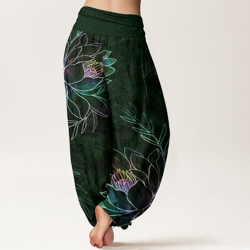 Buddha Stones Baumwoll-Haremshose mit neonfarbenem Lotusblütenmuster und elastischem Bund für Damen - image 10