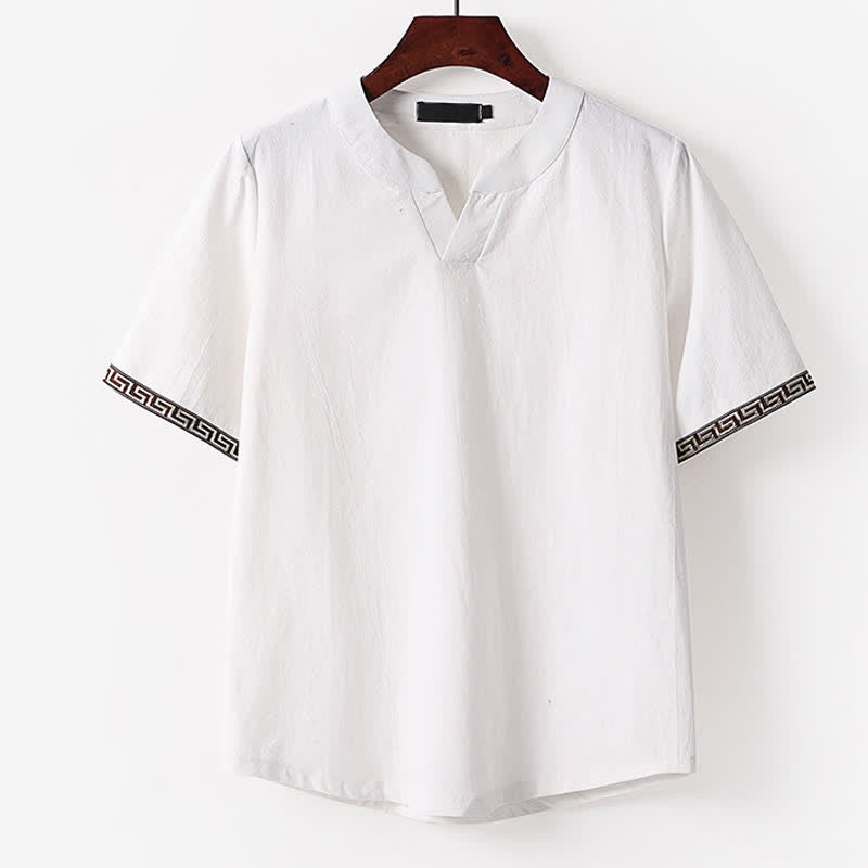 Buddha Stones Sommerliches, besticktes Kurzarm-T-Shirt mit Reverskragen für Herren aus Baumwoll-Leinen-Mischgewebe - Weiß - US/UK/AU56, EU66 (9XL) - image 1