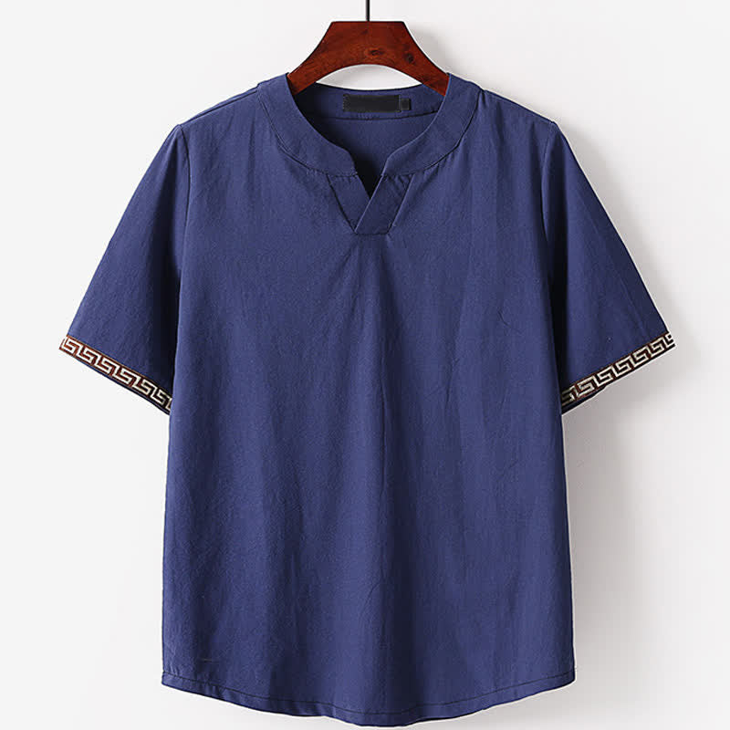Buddha Stones Sommerliches, besticktes Kurzarm-T-Shirt mit Reverskragen für Herren aus Baumwoll-Leinen-Mischgewebe - Dunkelschieferblau - US/ UK/AU56, EU66 (9XL) - image 0