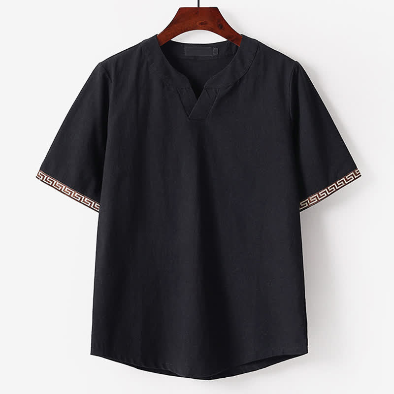 Buddha Stones Sommerliches, besticktes Kurzarm-T-Shirt mit Reverskragen für Herren aus Baumwoll-Leinen-Mischgewebe - Schwarz - US/UK/AU56, EU66 (9XL) - image 3