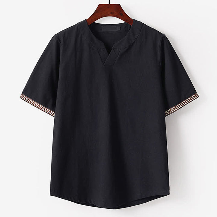 Buddha Stones Sommerliches, besticktes Kurzarm-T-Shirt mit Reverskragen für Herren aus Baumwoll-Leinen-Mischgewebe - Schwarz - US/UK/AU56, EU66 (9XL) - image 3