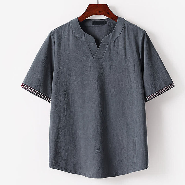 Buddha Stones Sommerliches, besticktes Kurzarm-T-Shirt mit Reverskragen für Herren aus Baumwoll-Leinen-Mischgewebe - Schiefergrau - US/UK/AU56, EU66 (9XL) - image 2