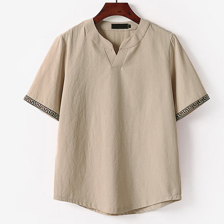 Buddha Stones Sommerliches, besticktes Kurzarm-T-Shirt mit Reverskragen für Herren aus Baumwoll-Leinen-Mischgewebe - Bräunen - US/UK/AU56, EU66 (9XL) - image 4