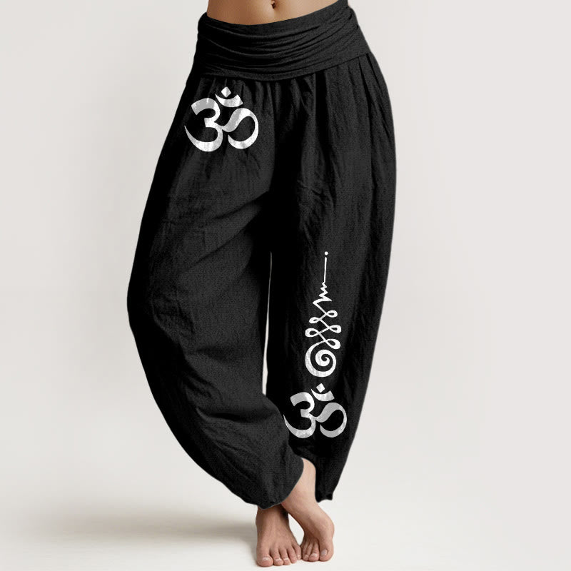 Buddha Stones Cotton Calm OM Energy Lines Muster Damen-Haremshose mit elastischem Bund - Schwarz - US16, UK/AU20, EU48 (3XL) - image 0