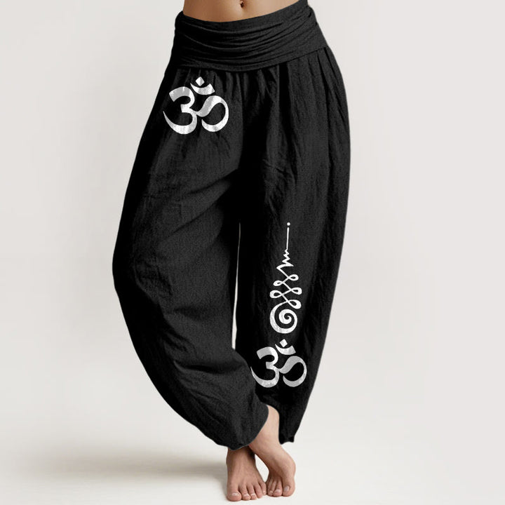 Buddha Stones Cotton Calm OM Energy Lines Muster Damen-Haremshose mit elastischem Bund - Schwarz - US16, UK/AU20, EU48 (3XL) - image 0