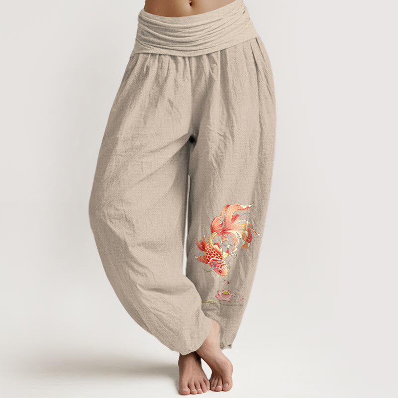 Buddha Stones Baumwoll-Haremshose mit Koi-Fisch-Lotusmuster und elastischem Bund für Damen. - Bräunen - US16, UK/AU20, EU48 (3XL) - image 11