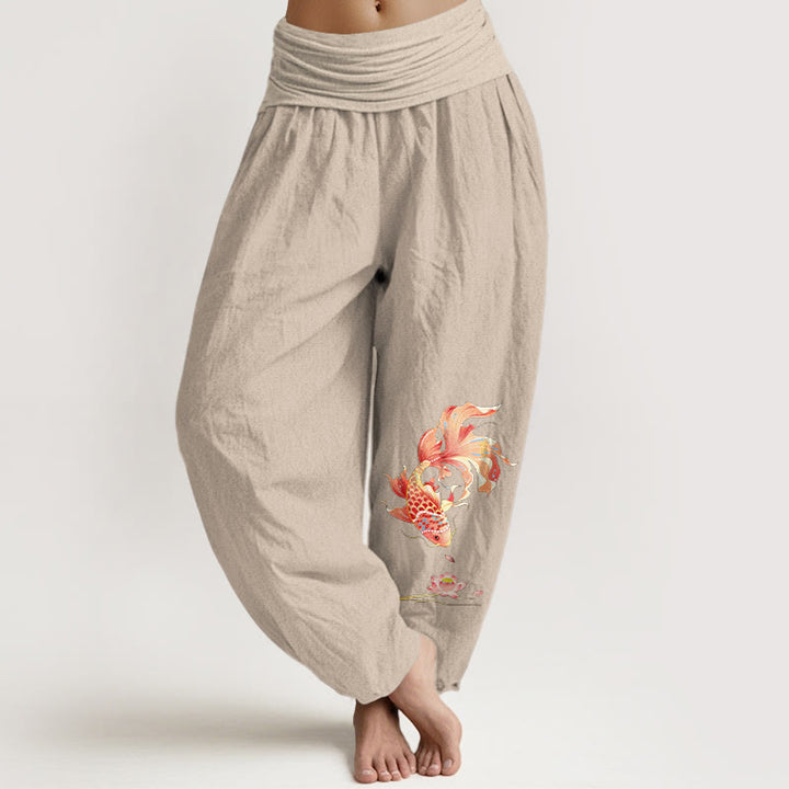 Buddha Stones Baumwoll-Haremshose mit Koi-Fisch-Lotusmuster und elastischem Bund für Damen. - Bräunen - US16, UK/AU20, EU48 (3XL) - image 11