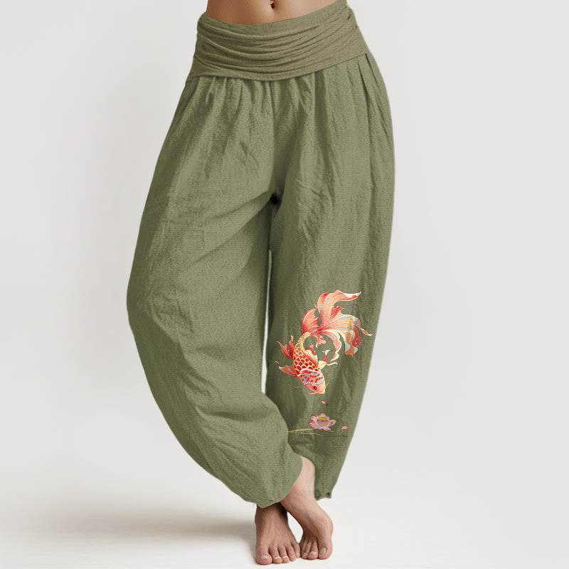Buddha Stones Baumwoll-Haremshose mit Koi-Fisch-Lotusmuster und elastischem Bund für Damen. - Olivgrün - US16, UK/AU20, EU48 (3XL) - image 14
