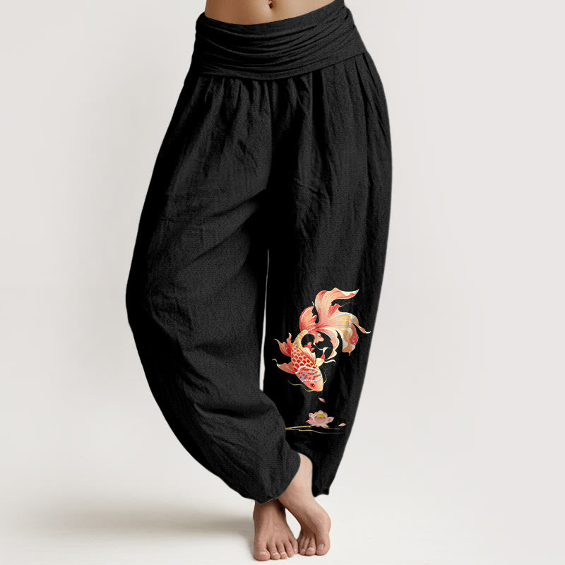 Buddha Stones Baumwoll-Haremshose mit Koi-Fisch-Lotusmuster und elastischem Bund für Damen. - Schwarz - US16, UK/AU20, EU48 (3XL) - image 0