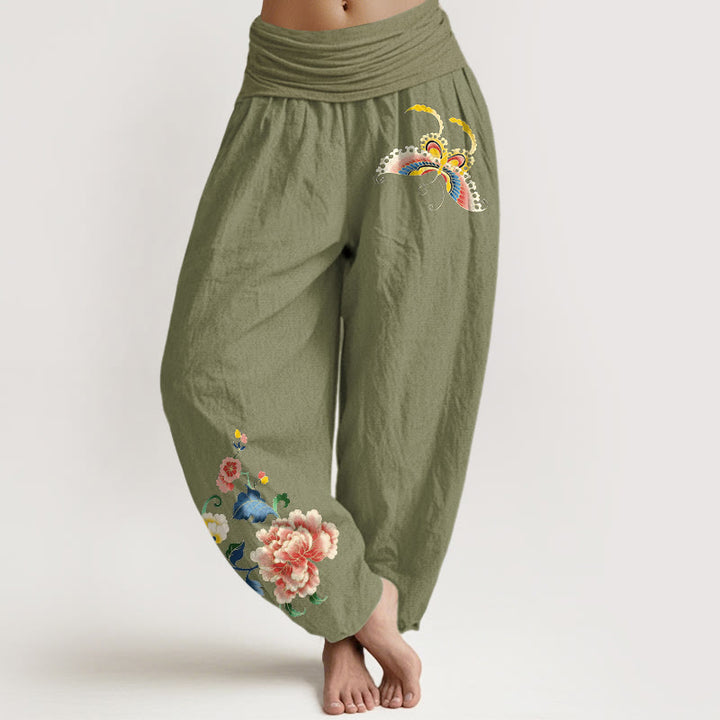Baumwoll-Haremshose mit Buddha Stones und Pfingstrosenmuster sowie Schmetterlingsmotiv und elastischem Bund für Damen. - Olivgrün - US16, UK/AU20, EU48 (3XL) - image 0