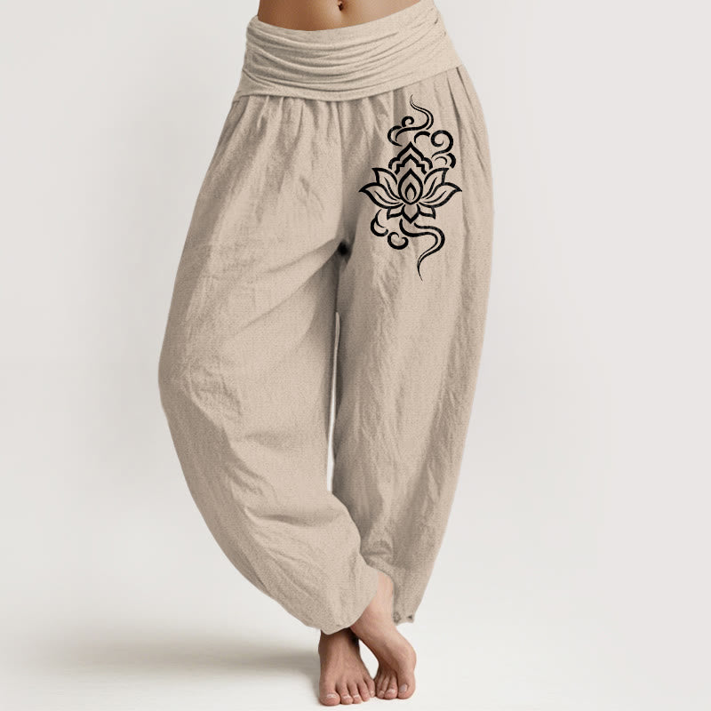 Buddha Stones Haremshose aus Baumwolle mit schlichtem Lotusmuster und elastischem Bund für Damen - Bräunen - US16, UK/AU20, EU48 (3XL) - image 0