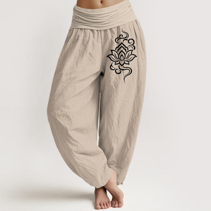 Buddha Stones Haremshose aus Baumwolle mit schlichtem Lotusmuster und elastischem Bund für Damen - Bräunen - US16, UK/AU20, EU48 (3XL) - image 0