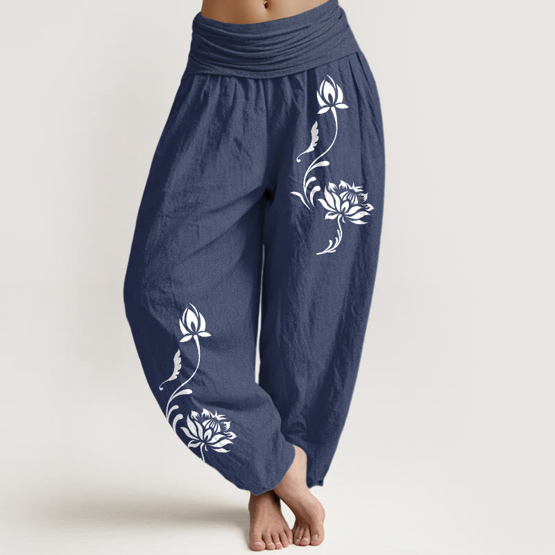 Buddha Stones Baumwoll-Haremshose mit Lotusblütenmuster und elastischem Bund für Damen - Dunkelschieferblau - US16, UK/AU20, EU48 (3XL) - image 0
