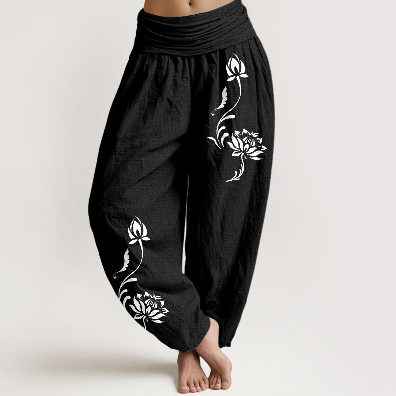 Buddha Stones Baumwoll-Haremshose mit Lotusblütenmuster und elastischem Bund für Damen - Schwarz - US16, UK/AU20, EU48 (3XL) - image 5