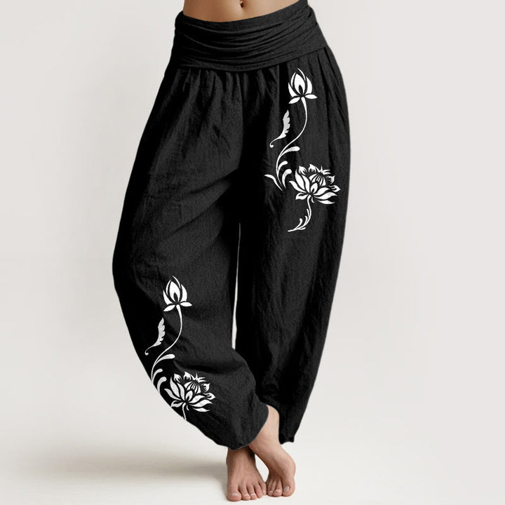 Buddha Stones Baumwoll-Haremshose mit Lotusblütenmuster und elastischem Bund für Damen - Schwarz - US16, UK/AU20, EU48 (3XL) - image 5