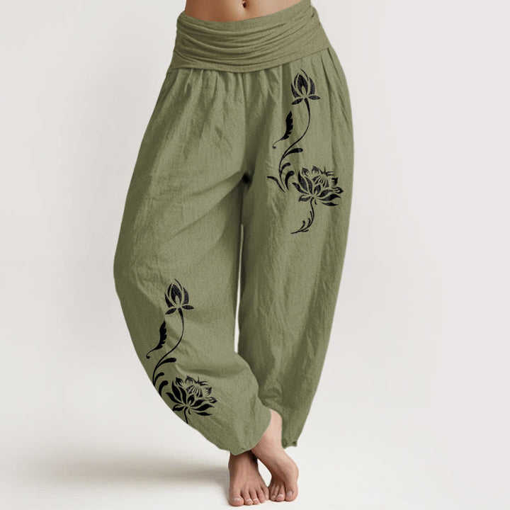 Buddha Stones Baumwoll-Haremshose mit Lotusblütenmuster und elastischem Bund für Damen - Olivgrün - US16, UK/AU20, EU48 (3XL) - image 14