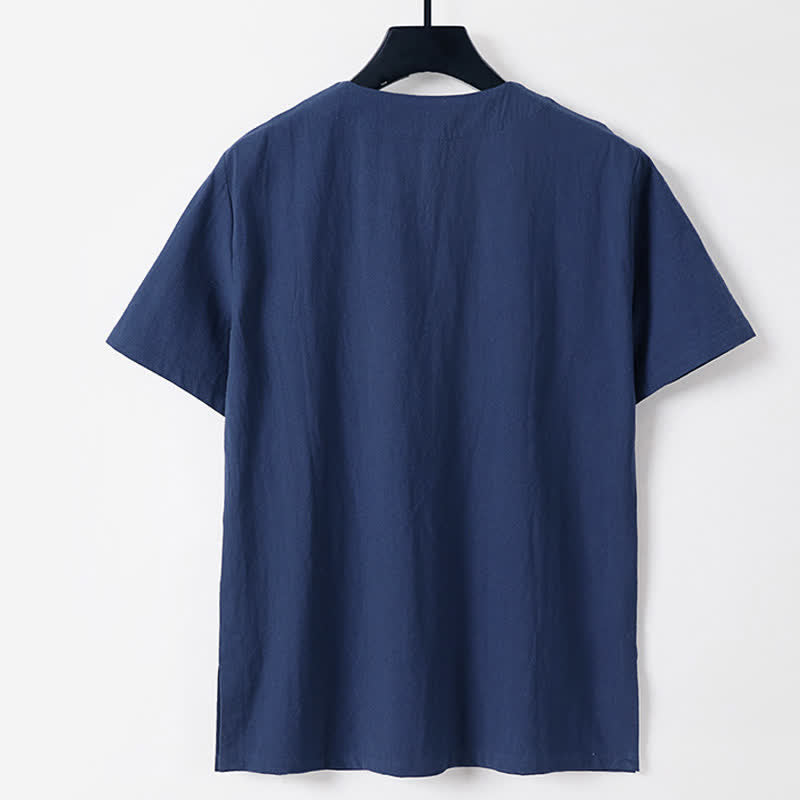 Buddha Stones Einfarbiges Herren-T-Shirt aus Baumwoll-Leinen-Mischgewebe mit Froschknopfleiste, kurzen Ärmeln und Reverskragen - image 4