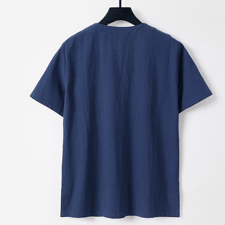 Buddha Stones Einfarbiges Herren-T-Shirt aus Baumwoll-Leinen-Mischgewebe mit Froschknopfleiste, kurzen Ärmeln und Reverskragen - image 4