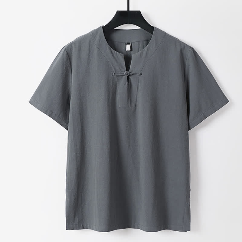 Buddha Stones Einfarbiges Herren-T-Shirt aus Baumwoll-Leinen-Mischgewebe mit Froschknopfleiste, kurzen Ärmeln und Reverskragen - Grau - US/UK/AU56, EU66 (9XL) - image 0