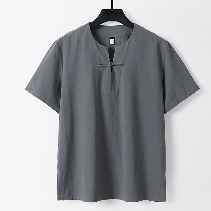 Buddha Stones Einfarbiges Herren-T-Shirt aus Baumwoll-Leinen-Mischgewebe mit Froschknopfleiste, kurzen Ärmeln und Reverskragen - Grau - US/UK/AU56, EU66 (9XL) - image 0