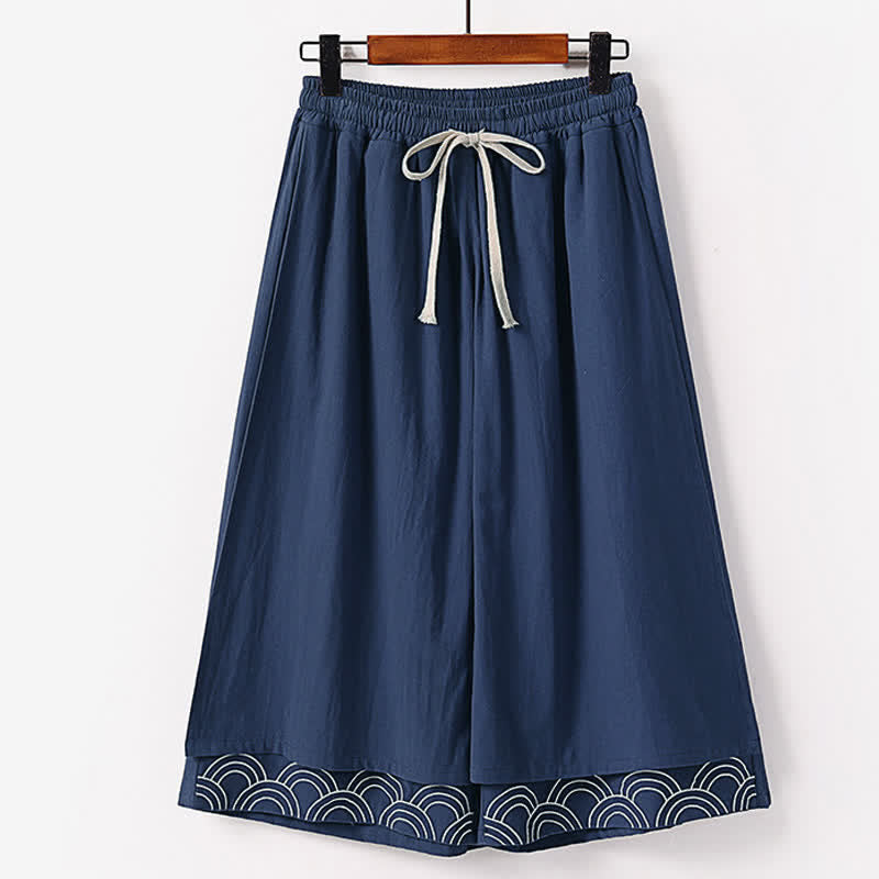 Buddha Stones Sommerliche Caprihose mit Stickerei, Baumwoll-Leinen-Mischgewebe, Herren, weites Bein und Taschen - Marine - US/UK/AU50, EU60 (7XL) - image 0