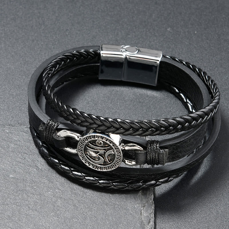 Buddha Stones ​​Om Rundes graviertes mehrlagiges geflochtenes Retro-Lederarmband - Schwarzes Leder (Handgelenkumfang: 18-19 cm) - image 1