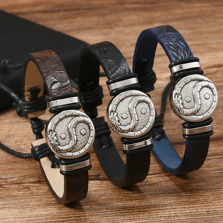 Buddha Stones Rundes, graviertes Yin-Yang-Drachen-Lederarmband - image 10