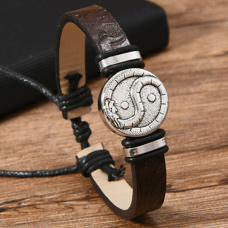 Buddha Stones Rundes, graviertes Yin-Yang-Drachen-Lederarmband - image 3