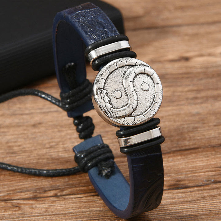 Buddha Stones Rundes, graviertes Yin-Yang-Drachen-Lederarmband - image 1