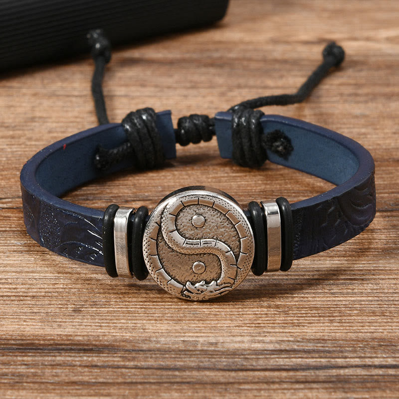 Buddha Stones Rundes, graviertes Yin-Yang-Drachen-Lederarmband - Stahlblaues Leder (Handgelenkumfang: 15-20 cm) - image 0