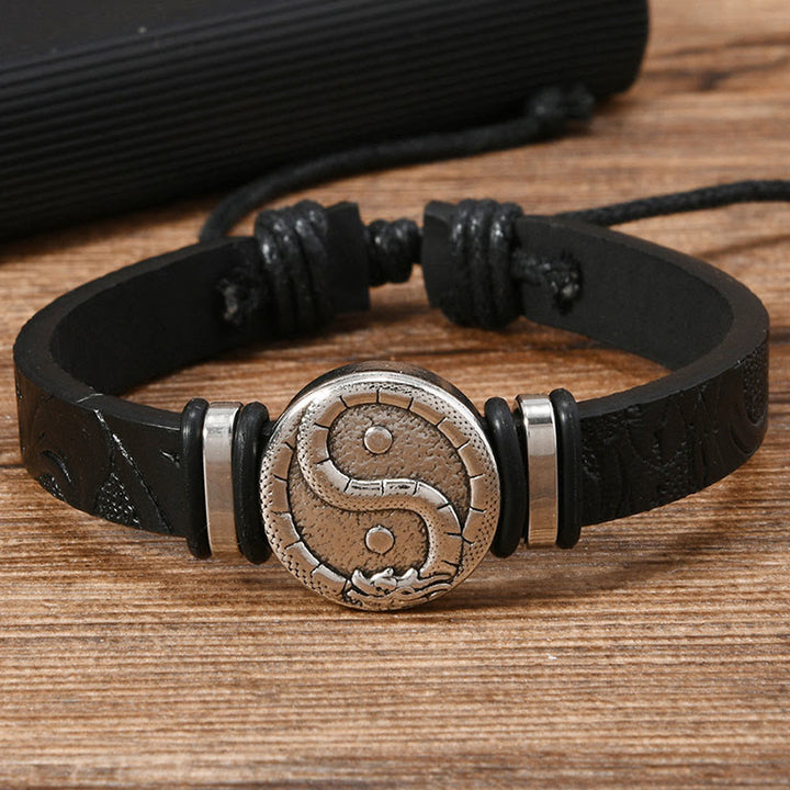 Buddha Stones Rundes, graviertes Yin-Yang-Drachen-Lederarmband - Schwarzes Leder (Handgelenkumfang: 15-20 cm) - image 6