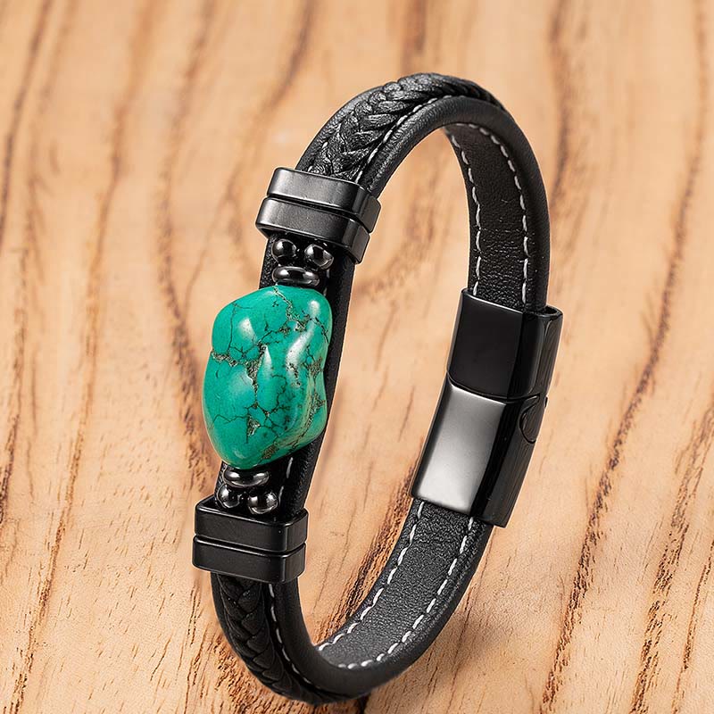 Buddha Stones Auffälliges Armband aus geflochtenem Leder mit synthetischem Türkis - Grünes Leder - 21 cm - image 2
