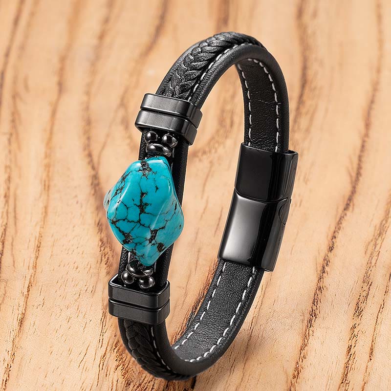Buddha Stones Auffälliges Armband aus geflochtenem Leder mit synthetischem Türkis - Blaues Leder - 21 cm - image 1