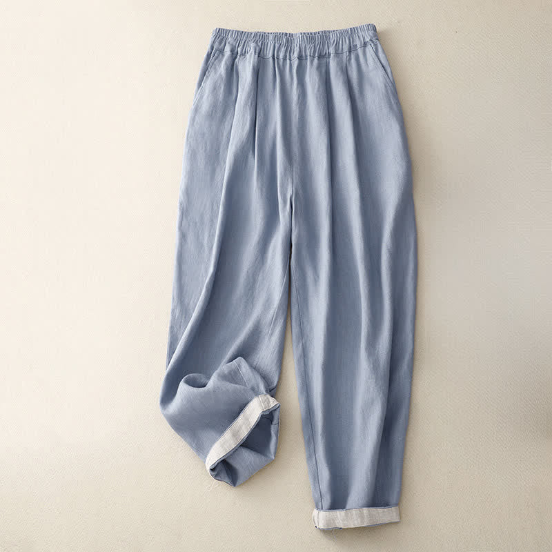 Buddha Stones Sommerliche, schlichte, elastische Hose mit zweifarbigen Bündchen, verkürztem Schnitt und Taschen für Damen - image 0