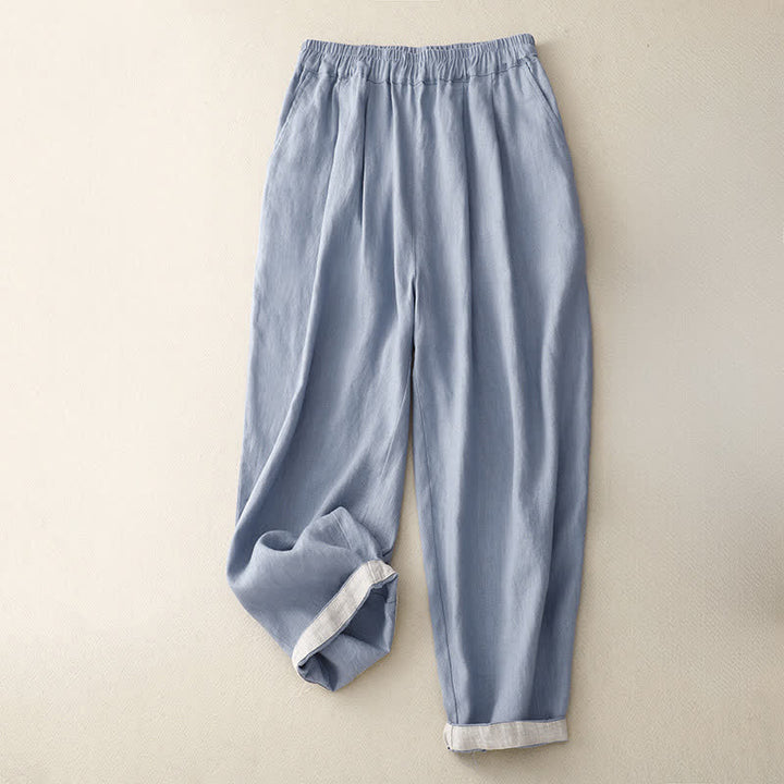 Buddha Stones Sommerliche, schlichte, elastische Hose mit zweifarbigen Bündchen, verkürztem Schnitt und Taschen für Damen - image 0