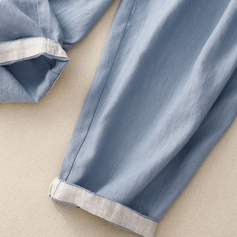 Buddha Stones Sommerliche, schlichte, elastische Hose mit zweifarbigen Bündchen, verkürztem Schnitt und Taschen für Damen - image 4