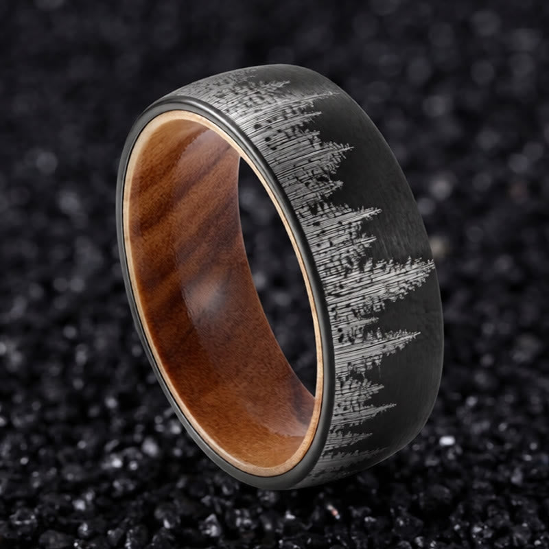 Buddha Stones Ring aus Holz mit Waldmuster und Wolframstahl - image 1