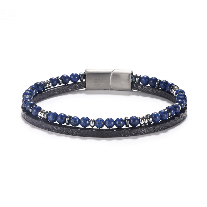 Buddha Stones Lapislazuli-Tigeraugen-Perlen-Balance-Lederarmband - Lapislazuli (Handgelenkumfang: 18-19 cm) - Runde Perlen, runde Abstandshalterperlen - image 1