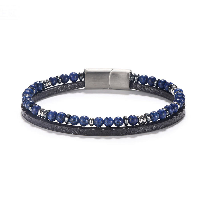 Buddha Stones Lapislazuli-Tigeraugen-Perlen-Balance-Lederarmband - Lapislazuli (Handgelenkumfang: 18-19 cm) - Runde Perlen, runde Abstandshalterperlen - image 1
