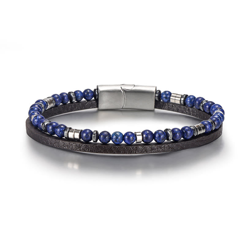 Buddha Stones Lapislazuli-Tigeraugen-Perlen-Balance-Lederarmband - Lapislazuli (Handgelenkumfang: 18-19 cm) - Runde Perlen, flache Abstandshalterperlen - image 2