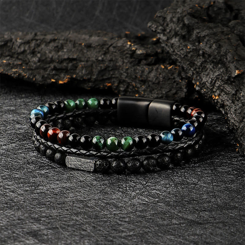 Buddha Stones Armband aus geflochtenem Leder mit Tigeraugen-Lavasteinperlen - Tigerauge-Lavastein (Handgelenkumfang: 18-19 cm) - image 0