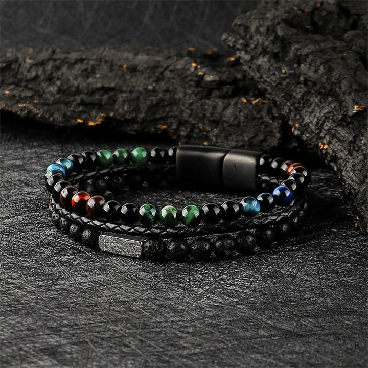 Buddha Stones Armband aus geflochtenem Leder mit Tigeraugen-Lavasteinperlen - Tigerauge-Lavastein (Handgelenkumfang: 18-19 cm) - image 0
