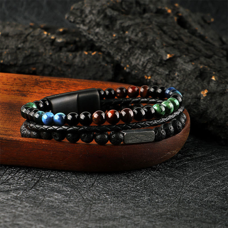 Buddha Stones Armband aus geflochtenem Leder mit Tigeraugen-Lavasteinperlen - image 1