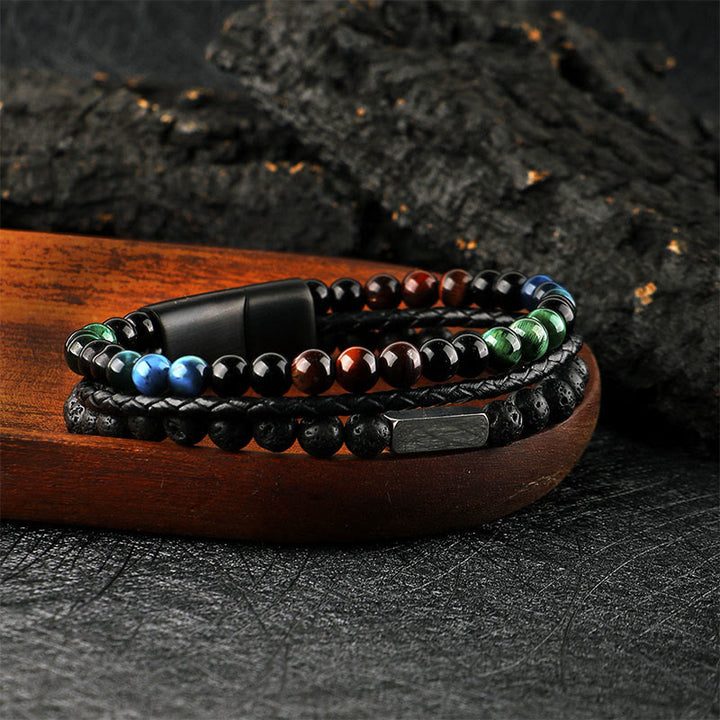 Buddha Stones Armband aus geflochtenem Leder mit Tigeraugen-Lavasteinperlen - image 1