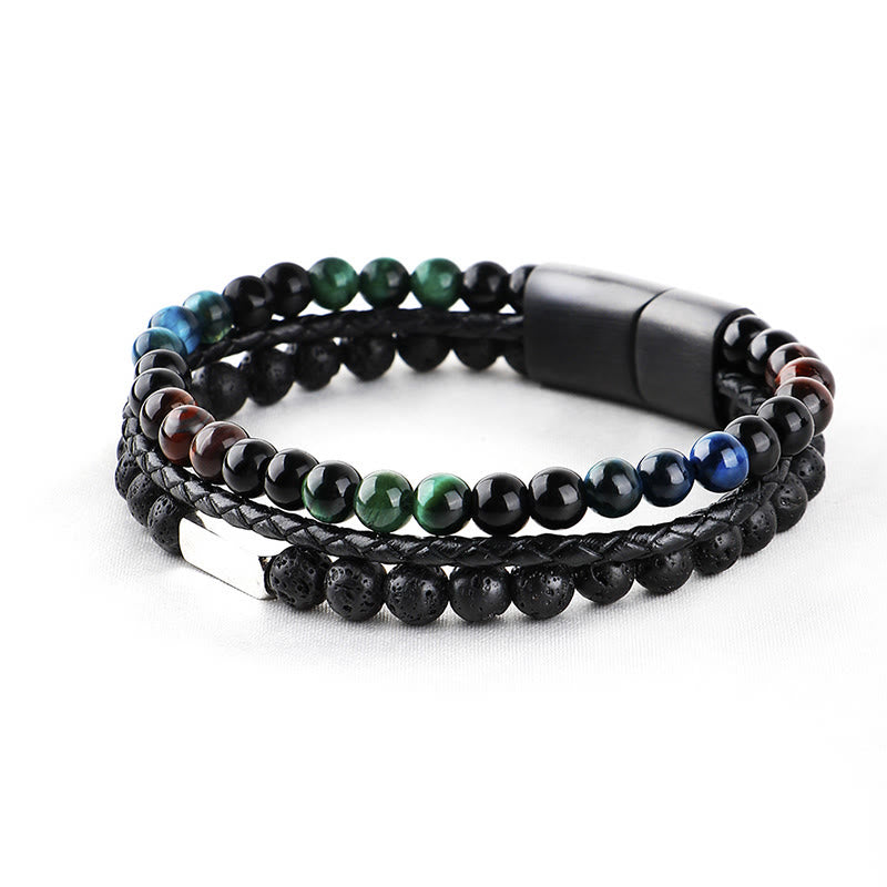 Buddha Stones Armband aus geflochtenem Leder mit Tigeraugen-Lavasteinperlen - image 2