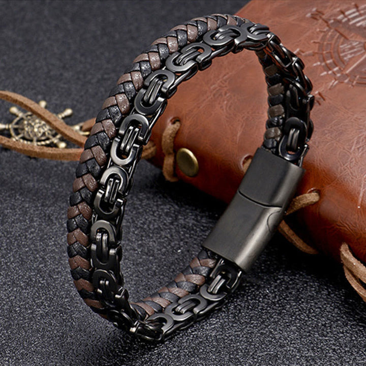 Buddha Stones Gliederketten-Armband mit doppelter Wicklung aus geflochtenem Leder - Schwarzer Titanstahl (Handgelenkumfang: 18-19 cm) - image 0